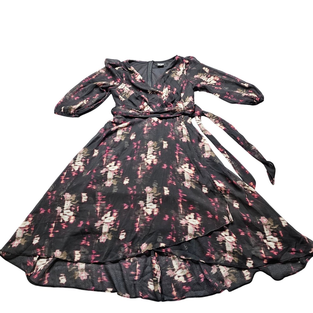 DKNY Womens Black Pink Abstract Floral Chiffon‎ High Low Wrap Dress Size 8